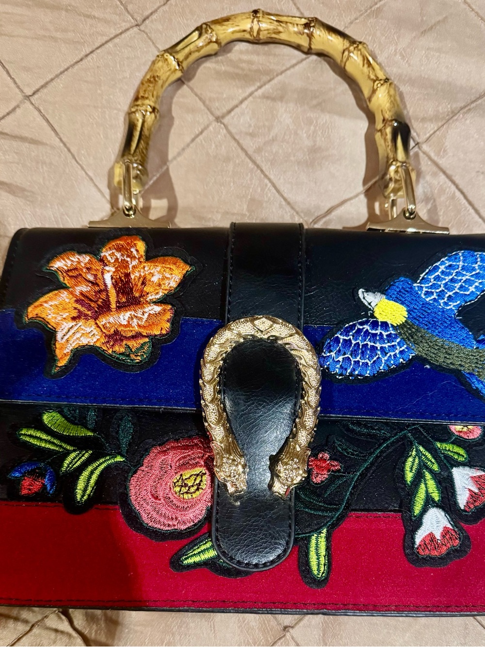Embroidered Floral & Bird Top-Handle Bag in Black, Blue & Red